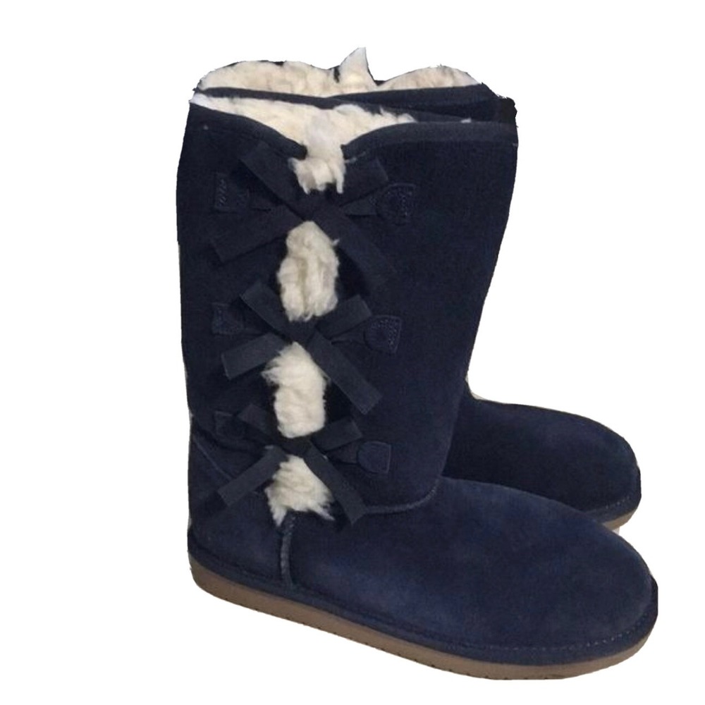 Koolaburra by UGG Girls Victoria Tall Suede Winter Boots Navy Blue Bows Size 2